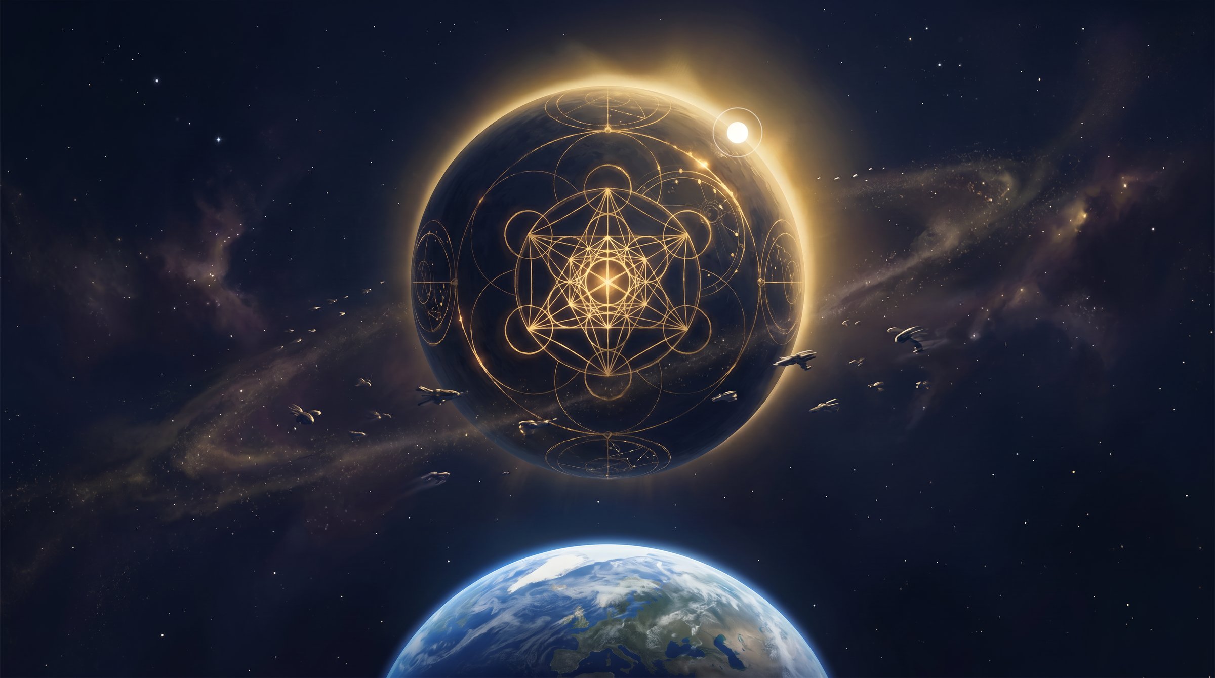 A nave-mãe de Sophia atravessando o cosmos com a Terra ao fundo